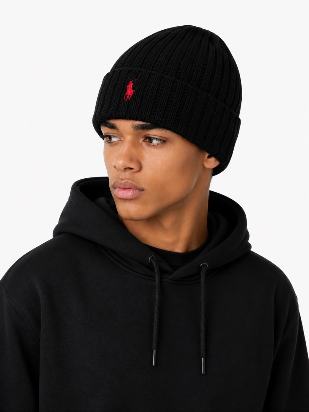 Polo by Ralph Lauren Black Ribbed Knit Beanie with Red Pony